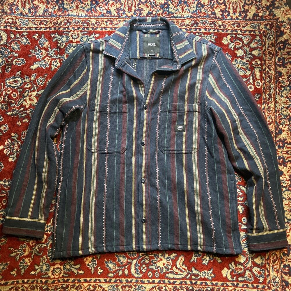 Vans Shirt Mens Large Navy Striped Button Up Heavyweight Long Sleeve Shacket